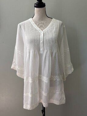 Weill Paris White Pintuck Lace-Trim Blouse Size 8 Like New